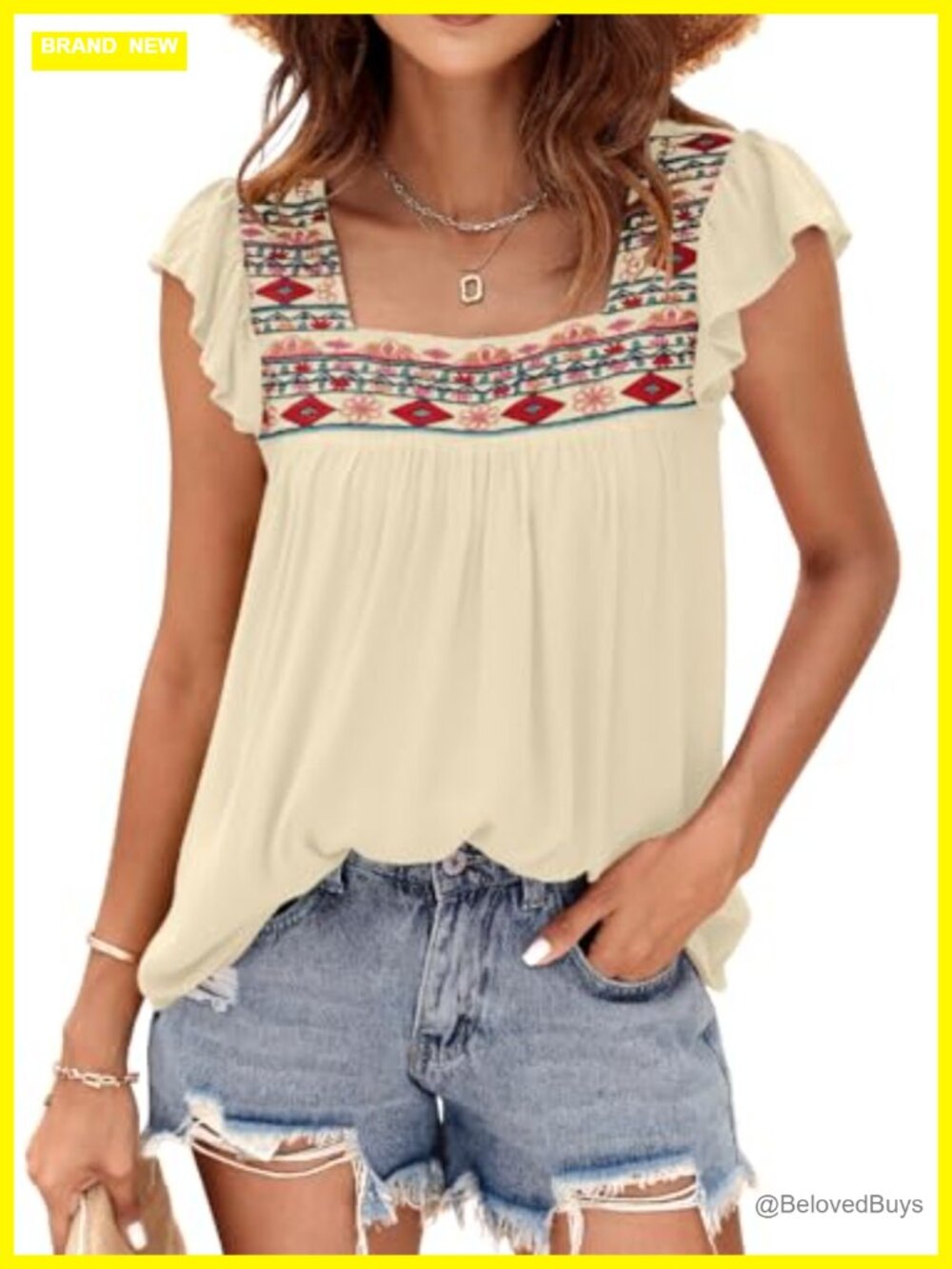 DOROSE Women's Embroidered Babydoll Peasant Blouse Square Neck Ruffle Sleeve
